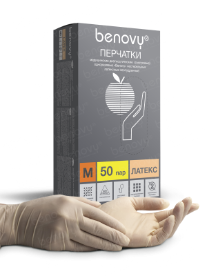 BENOVY / Перчатки латексные, неопудренные, натуральные, 50 пар в упак. M купить оптом в Липецке